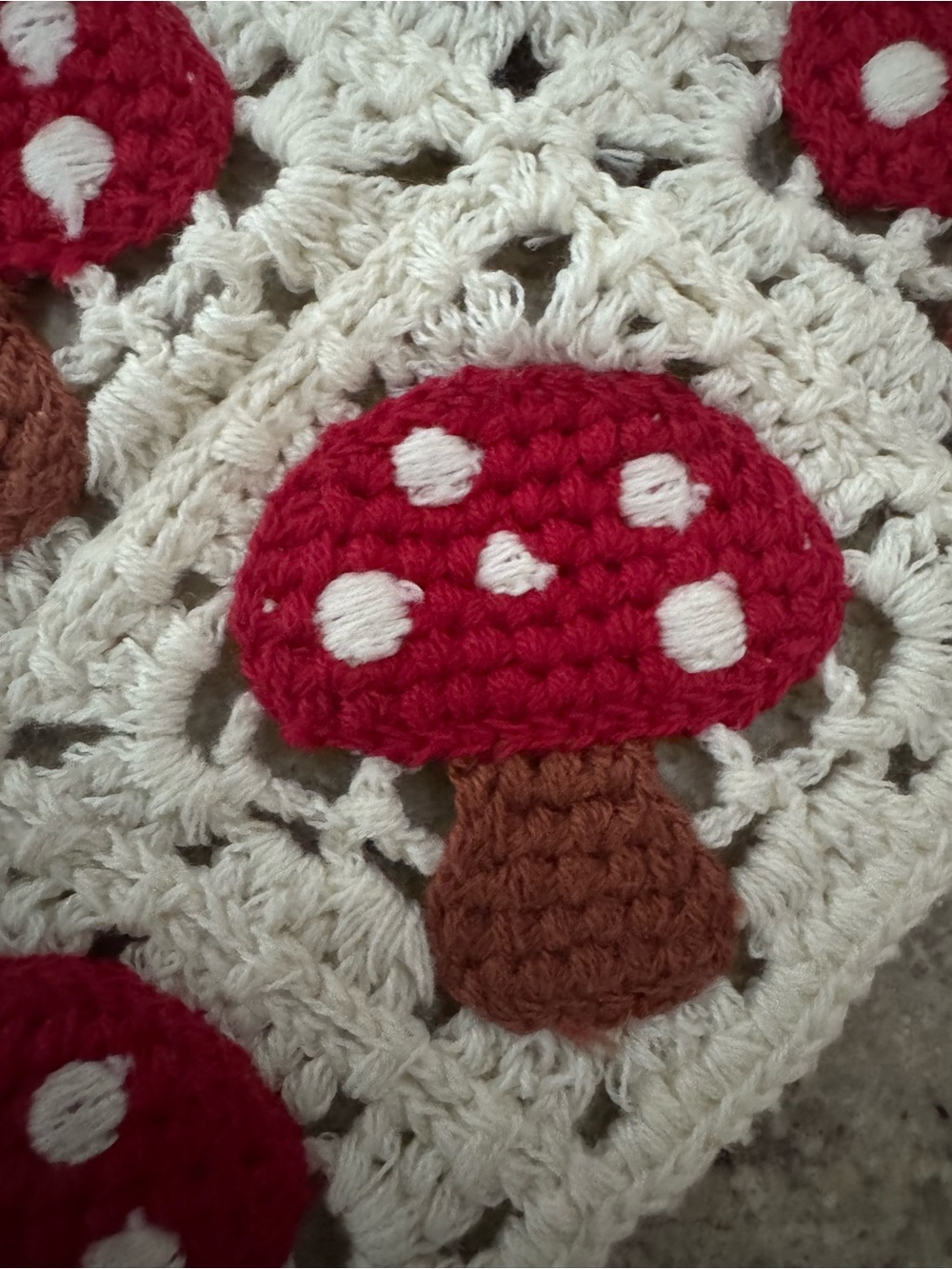 Handmade Cream Crochet Bandana with Red Mushroom Appliqués - Picture 3 of 3